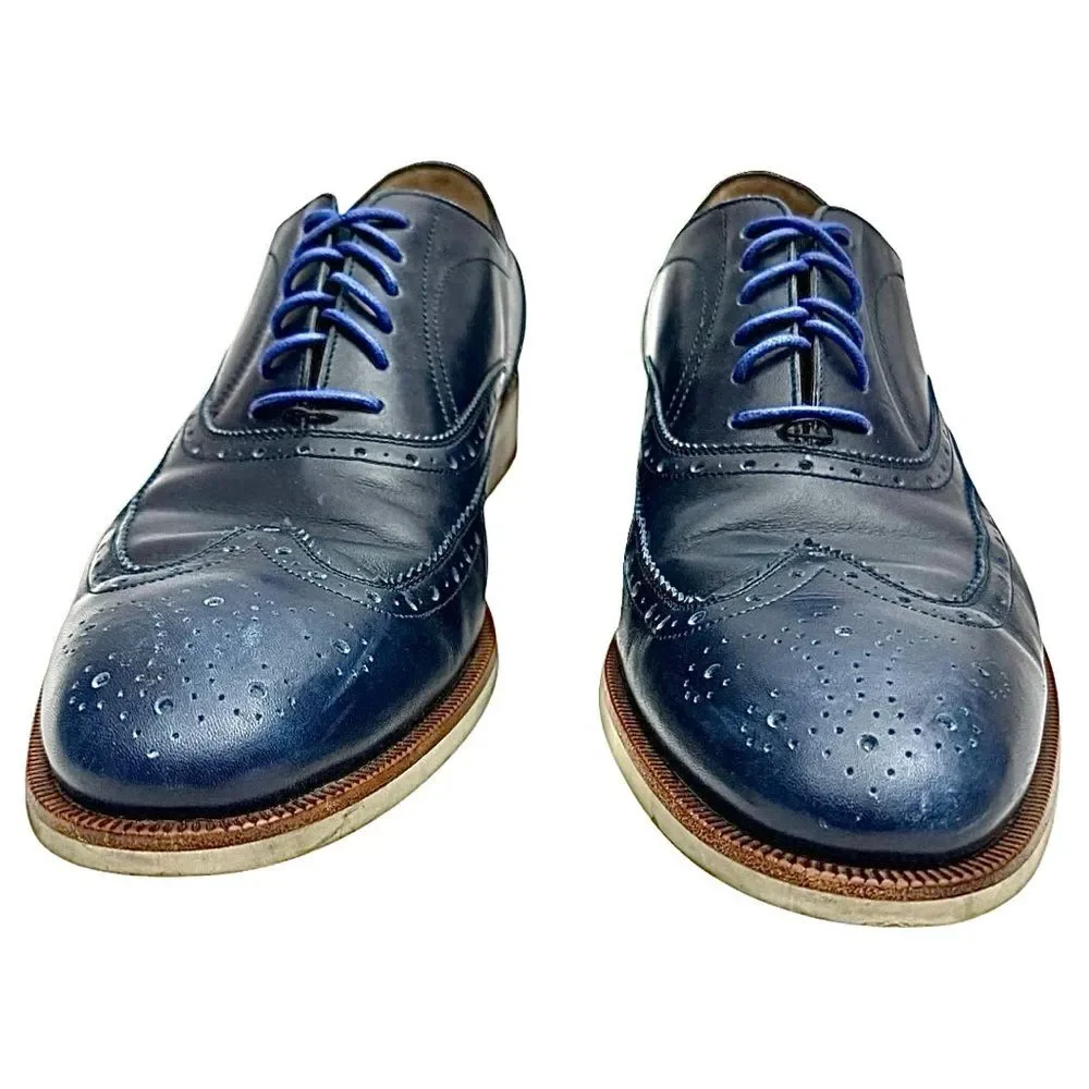 Salvatore Ferragamo Wingtip Oxford Blue Leather Shoes Men 11 D Italy EUC